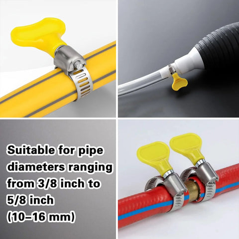 stainless steel adjustable hose clamps securing various hoses with yellow handles, suitable for 10 to 16 millimeter pipes