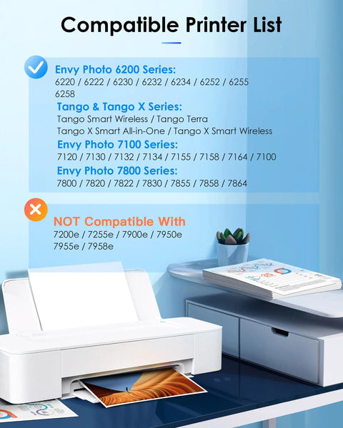 64XL Black And Color Ink Cartridge Combo Pack For Envy Photo And Tango X Printers next to a printer with compatibility list.