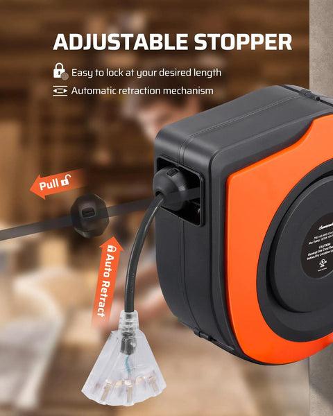 Retractable 75 Ft Heavy Duty Extension Cord Reel With 14/3C SJTOW Cable shown in detail with triple tap outlet.