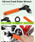 Bike Crank Puller Kit With Wrench and Top Cap, heavy-duty tool shown in use on bicycle, highlighting carbon steel and non-slip grip features.