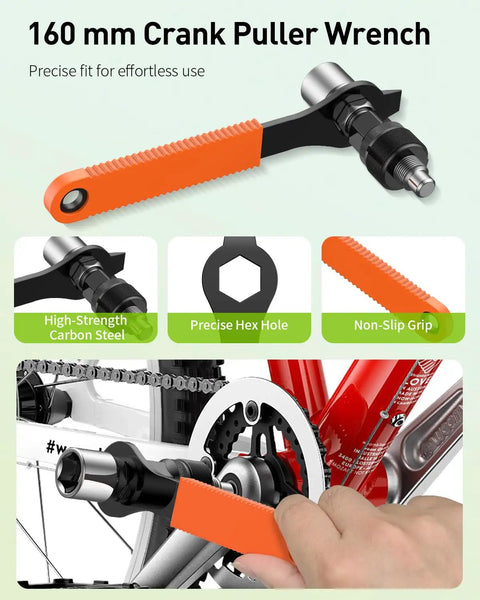 Bike Crank Puller Kit With Wrench and Top Cap, heavy-duty tool shown in use on bicycle, highlighting carbon steel and non-slip grip features.