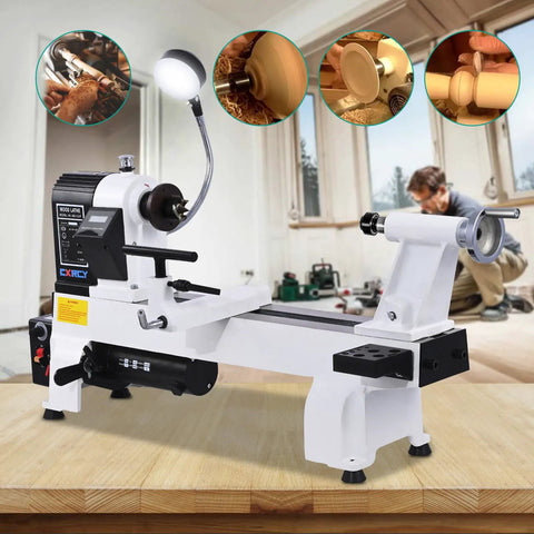 12x18 Inch Wood Lathe With Infinitely Variable Speed 650 To 3800 RPM, Three Quarters Horsepower Benchtop Lathe For Woodworking And Woodturning, Includes Belt And Goggles, Model WL460-12VF on a workbench