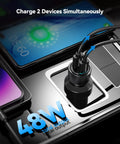 Dual Port Usb Car Charger 2 Pack 48 Watt Cigarette Lighter Adapter Pd Qc 3.0 Fast Charging For iPhone Android in use with two devices.