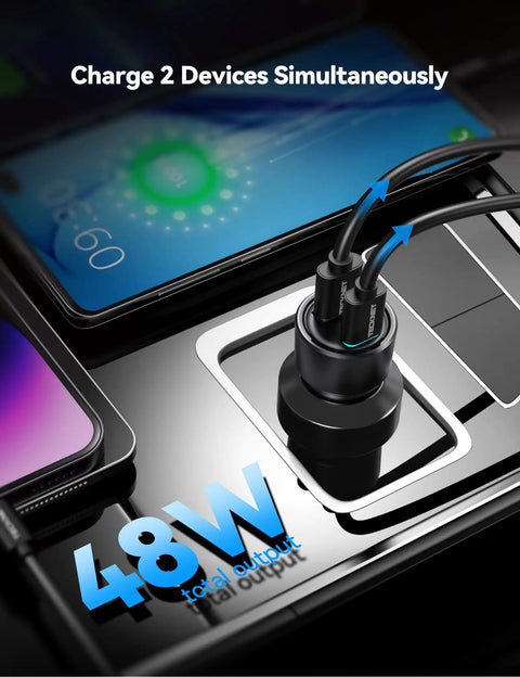 Dual Port Usb Car Charger 2 Pack 48 Watt Cigarette Lighter Adapter Pd Qc 3.0 Fast Charging For iPhone Android in use with two devices.