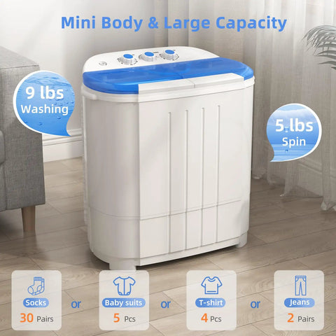 No Sweat Portable Twin Tub Washing Machine, Compact Laundry Washer And Spinner Combo For Apartments And Dorms, quick 14-pound capacity, 9 lb wash, 5 lb spin.