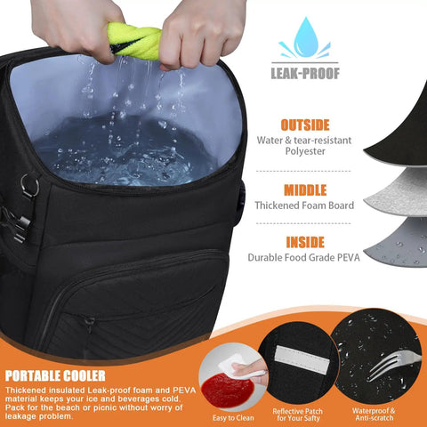 Insulated Leakproof Cooler Backpack With Waterproof Oxford Fabric Large Capacity Holds 30 Cans Lightweight, black, shown open with water inside.