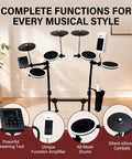 Complete drum set with quiet mesh pads, cymbals, amp, and chair for beginners practicing at home.