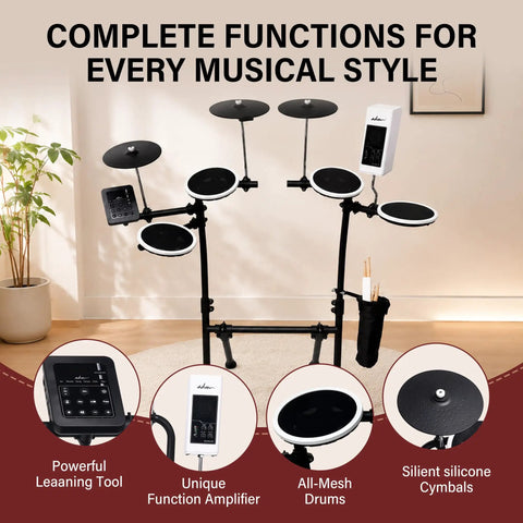 Complete drum set with quiet mesh pads, cymbals, amp, and chair for beginners practicing at home.