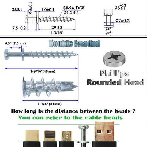 Bear Claw Double Headed Screws and Self Drilling Drywall Anchors Picture Hangers Kit diagram showing screw and anchor dimensions