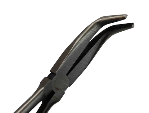 Close-up of Angled Long Needle Nose Pliers Set With 11 Inch And 7 Inch 90 Degree Bent Nose Tips, metal tool, focus on tips