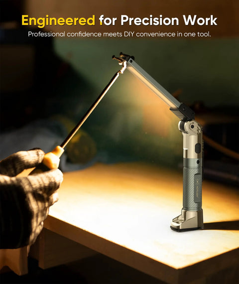 Rechargeable Magnetic Work Light With 4000mAh Battery, 1200 Lumens, Hook Design, on wooden table during use for repairs