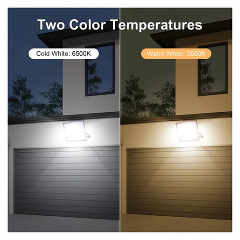 JUDYSSY Led Floodlight Led Projector Waterproof Reflector displaying Cold White and Warm White light options for outdoor use.