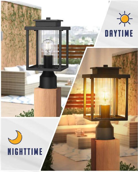 Daytime and nighttime view of Sleek Outdoor Post Light Set 2 Pack With 1 Light Each Exterior Lantern On Pier Mount Base Black Finish Cylinder Glass 6.7 Inch Wide By 15 Inch Tall Durable Weatherproof Lamp Post Fixture For Patio Or Walkway