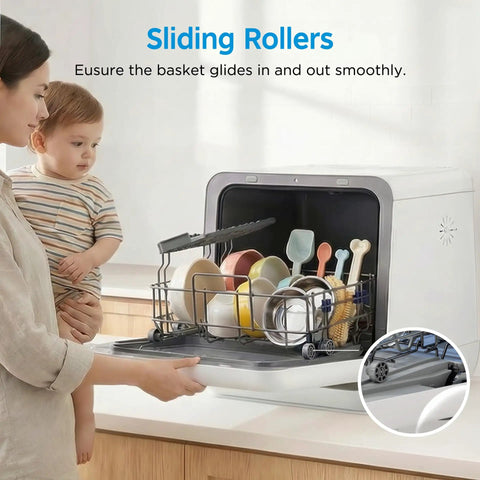Woman using Self Contained Countertop Dishwasher With Built In Water Tank And Gentle Baby Care Mode, showcasing sliding rollers and dishes.