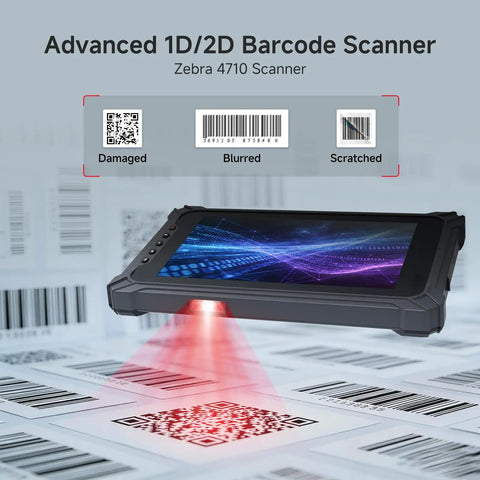 Hardcore 10.1 Inch Android 14 Industrial Tablet With Built In Zebra Barcode Scanner showing scanning blurred and damaged barcodes.