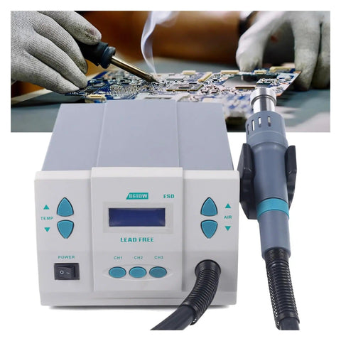 Powerful 1000W Soldering Hot Air Rework Station with digital display, adjustable airflow, three programmable channels in use