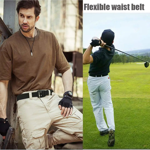 Mens Tactical Belt With Elastic Stretch Strap And Quick Release Metal Buckle in outdoor setting