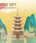 3D Wooden Puzzle Craft Kit for Adults and Kids, Five-Storied Pagoda Model Build, front view with colorful backdrop
