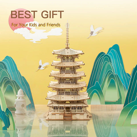 3D Wooden Puzzle Craft Kit for Adults and Kids, Five-Storied Pagoda Model Build, front view with colorful backdrop