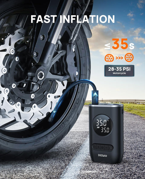 Cordless Tire Inflator With 150 PSI Auto Shut Off Pressure Gauge And LED Light Portable Air Pump inflating motorcycle tire