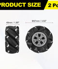 2Pack Mecanum Wheels Set For Smart Robot Cars, 97mm Omnidirectional Wheels With 3.82mm ABS Rubber Left Drive, side and front view showing size details.