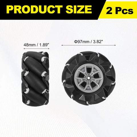 2Pack Mecanum Wheels Set For Smart Robot Cars, 97mm Omnidirectional Wheels With 3.82mm ABS Rubber Left Drive, side and front view showing size details.