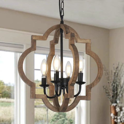 Dope Farmhouse Chandelier 4-Light Pendant Light For Dining Room Table Rustic White Distressed Wood Orb With Black Sockets Perfect For Kitchen Island Living Room And Foyer in room