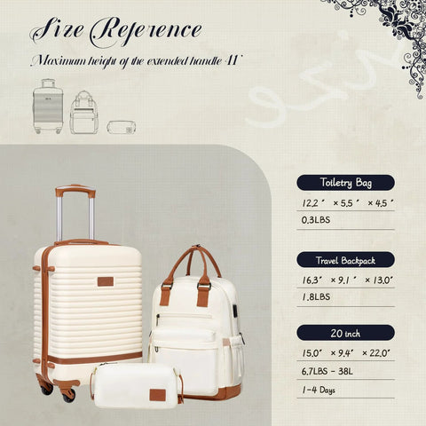 Three Piece Luggage Set With 20 Inch Carry On, Backpack Or Duffel Option, TSA Lock, Spinner Wheels, Lightweight Hard Shell Travel Luggage in white