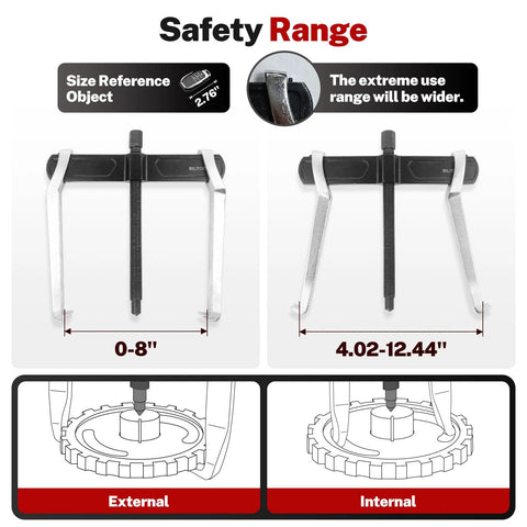 Diagram showing the safety range of a 10 Inch 2 Jaw Gear Puller For Internal And External Removal Of Pulleys Bearings And Gears.