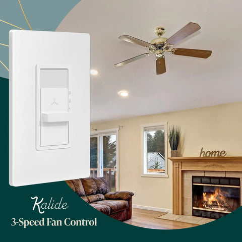 Kalide 3 Speed Fan Wall Switch With Smooth Slider Control, White Finish, shown in living room with ceiling fan.