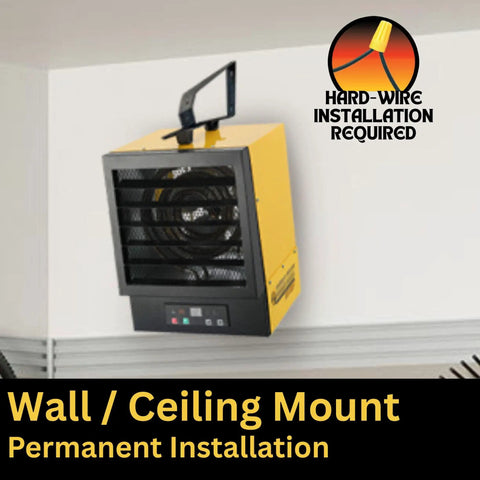 Heavy Duty Electric Forced Air Garage Heater With Remote Control 17060 Btu mounted on wall, showcasing hard-wire installation for efficient heating.