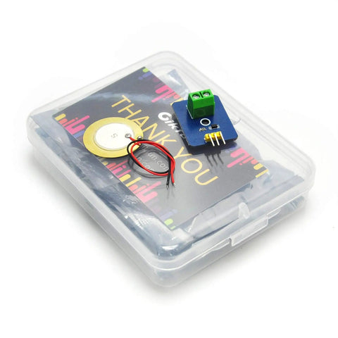 Analog Piezo Vibration Sensor Module for Arduino DIY Kit Plug And Play Ceramic Piezo Disc With Analog Output Dope For Prototyping Robots And Vibration Sensing Projects Case Pack Of Five EK1952, blue module and piezo disc in plastic case