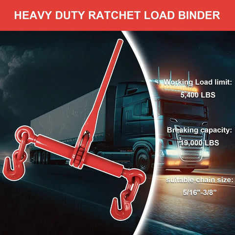 Red Ratchet Load Binder 5/16 to 3/8 Inch with 2 Grab Hooks, 5400 lb load capacity, suitable for chains, truck background, 2 pack