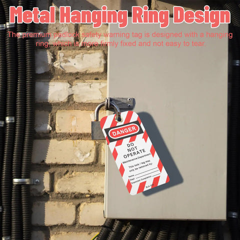 Heavy Duty Lockout Tagout Tags Reusable Do Not Operate Labels For Industrial Jobsite Maintenance Featuring Tough Metal And Pvc Build on electrical box.