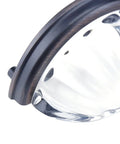 Close-up of Three Inch Hole Centers Clear Glass Cabinet Cup Pulls with Scalloped Crystal Glass and Oil Rubbed Bronze Base.