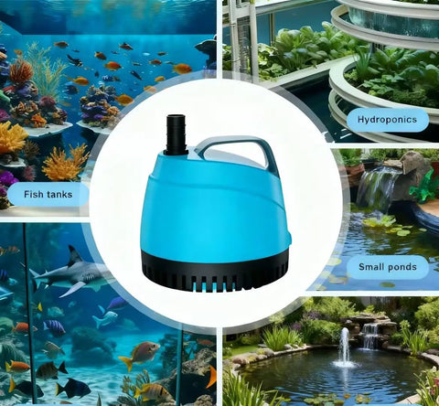 Ultra Quiet Submersible Water Pump 210GPH for Fish Tanks, Fountains, Ponds and Hydroponics, blue design with bottom suction