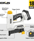 Pro Grade 20V Cordless 18Gauge Brad Nailer And Electric Staple Gun Kit showcasing trigger switch and drive force regulator.