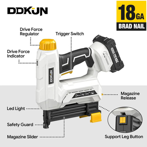 Pro Grade 20V Cordless 18Gauge Brad Nailer And Electric Staple Gun Kit showcasing trigger switch and drive force regulator.