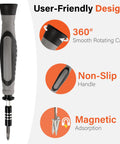 Ultra Compact Precision Screwdriver Set With Aluminum Handle showcasing non-slip grip, rotating cap, and magnetic adsorption features.