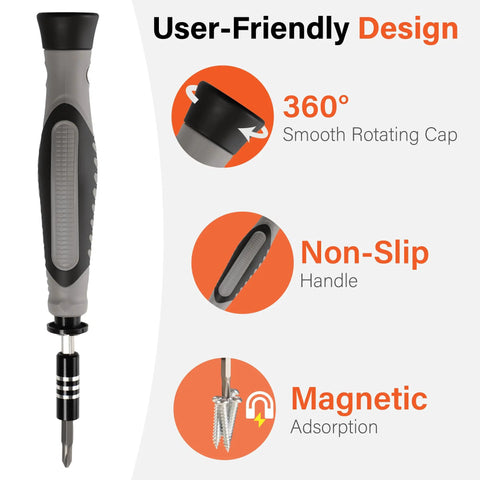 Ultra Compact Precision Screwdriver Set With Aluminum Handle showcasing non-slip grip, rotating cap, and magnetic adsorption features.