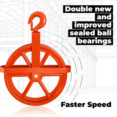 12 Inch Scaffold Hoist Pulley Wheel With Ladder Hooks, Heavy Duty Iron Wheel, 1000 Lb Capacity, Durable Construction For Safe Lifts, Rope Compatibility Five Eighths Inch, Great For Eight Millimeter Or Five Sixteenth Inch Rope, orange pulley with sealed bearings