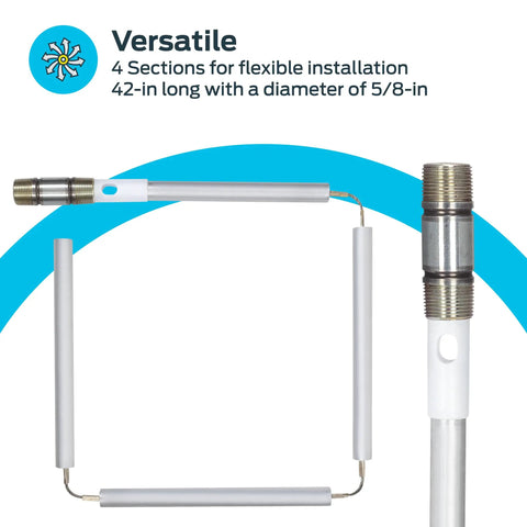 Flexible Magnesium Anode Rod for Water Heaters, 42 Inch Length, Three Quarter Inch by Three Inch NPT Stainless Steel Nipple, Chrome Finish, Heavy Duty Tank Protection, Easy Install, 60286 shown in four sections highlighting versatility and flexible installation.