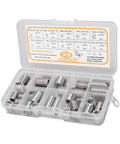 33 Piece M8x1.25 Stainless Steel Threaded Insert Kit For Wood Furniture Repair Self Tapping Sleeves Nut Reducers photo of assorted inserts in case