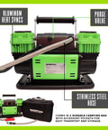 TenSix PSI Pro Technology 12 Volt Air Compressor with aluminum heat syncs, stainless steel hose, and carry bag.