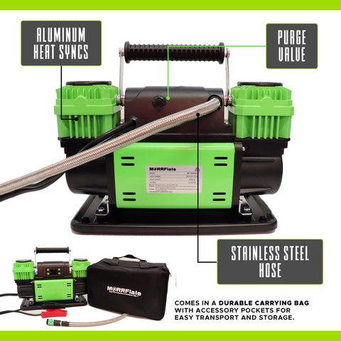 TenSix PSI Pro Technology 12 Volt Air Compressor with aluminum heat syncs, stainless steel hose, and carry bag.