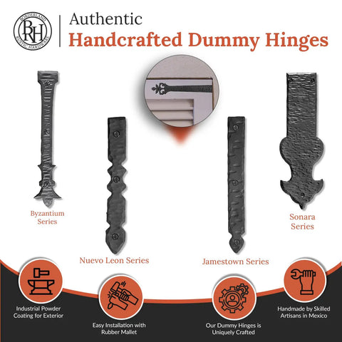 Four Pack 4 Inch Black Faux Strap Hinges Decorative Dummy Hinge Handmade Rustic Iron Hardware Built Tough For Farmhouse Shutters Carriage Doors Barn Doors Castle Doors And Garden Gates in various series on display