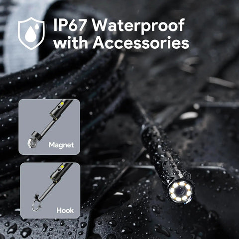 2K Endoscope With Light, Dual Lens Borescope, IP67 waterproof cable, magnet and hook accessories, close-up view