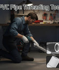 Premium 2-Piece PVC Pipe Threading Tool Kit For 1/2 And 3/4 Inch Pipes in use, featuring a man threading PVC pipe with power drill.