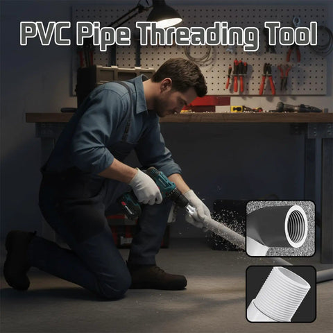 Premium 2-Piece PVC Pipe Threading Tool Kit For 1/2 And 3/4 Inch Pipes in use, featuring a man threading PVC pipe with power drill.