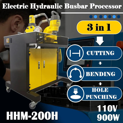 3 In 1 Hydraulic Busbar Machine Pro Grade Heavy Duty Cutter Bender Punch Tool for Copper and Aluminum, yellow unit on wheels